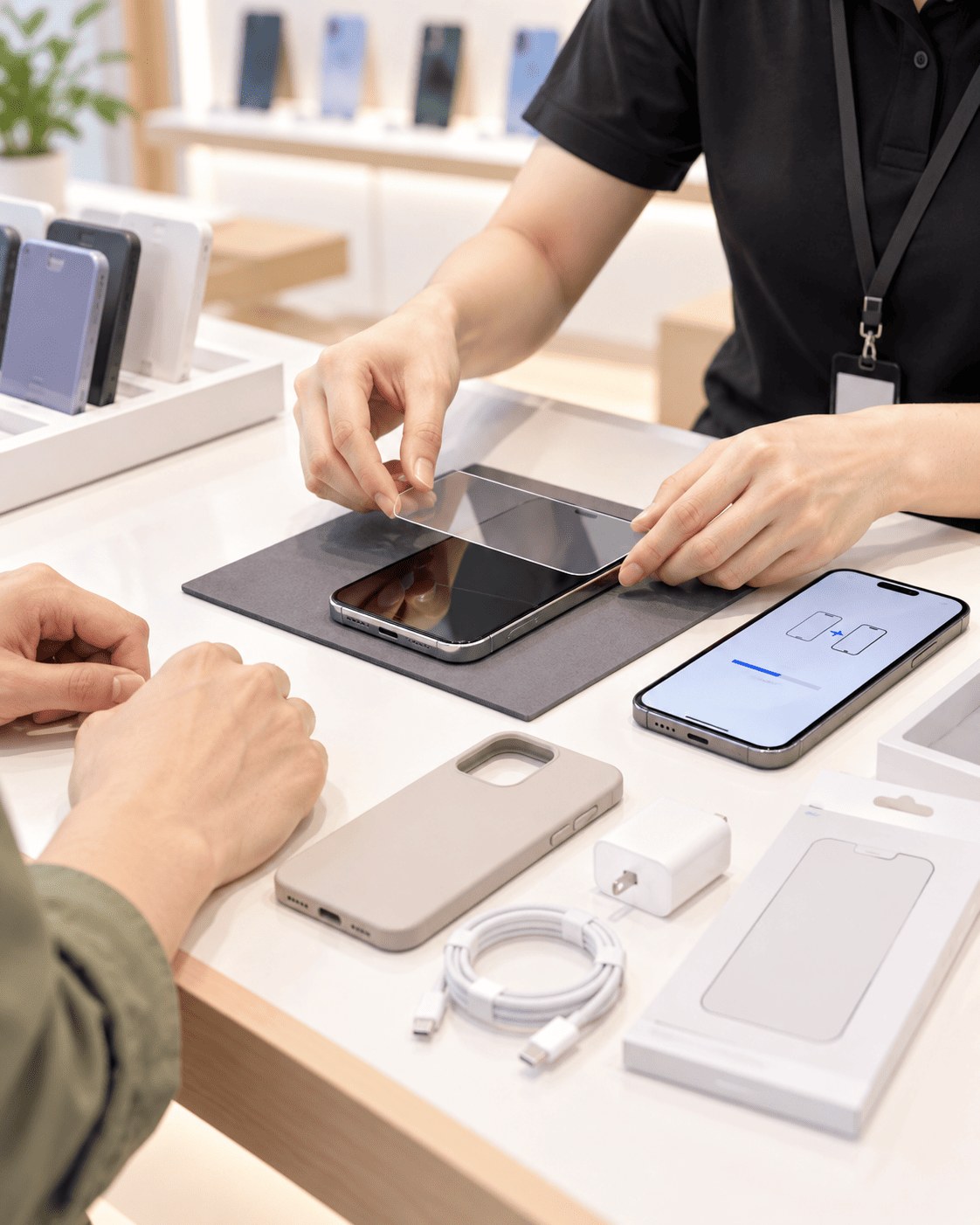 提供保護貼、手機殼、充電線、耳機等配件，並協助手機設定與資料轉移。